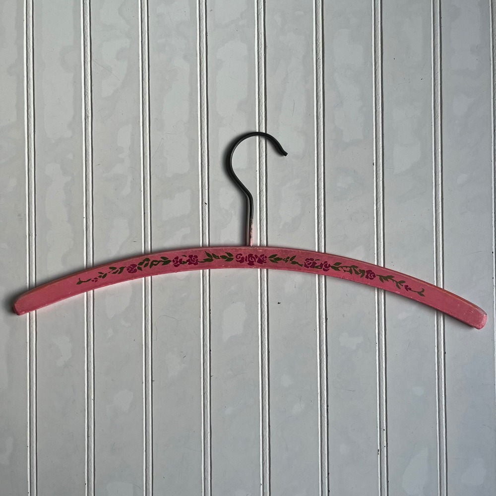 Vintage Pink Wooden Hanger Hand Painted Floral Rose Shabby Chic Cottagecore 16"